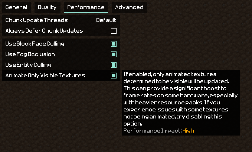 Screenshot of OptiFine recommended settings